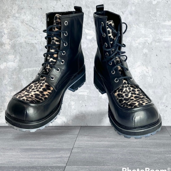 Retro Mudd Boots Combat Moto Y2K Leopard Black Genuine Leather 10 Lace Up - Picture 10 of 17